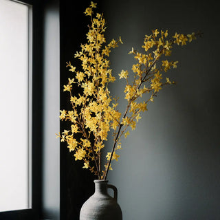 Yellow flowers in a vase against a dark wall with a window on the left.