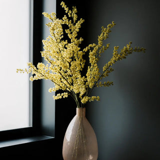 Vase with yellow flowers against a dark wall