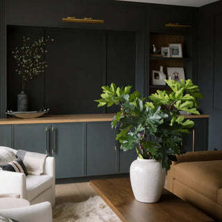 Modern living room with dark cabinets, a white vase with green plants, and a beige sofa.