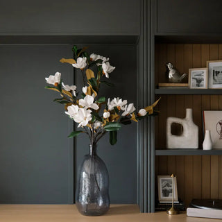 Decorative plant in a vase on a table with a dark wall and shelves in the background