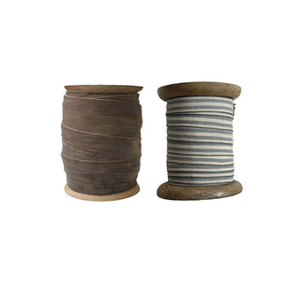 Elegant set of two Brown and Gray Striped Ribbon spools by CG Hunter, showcasing a wide velvet ribbon in dark brown alongside a handmade Grosgrain Ribbon with subtle gray stripes.