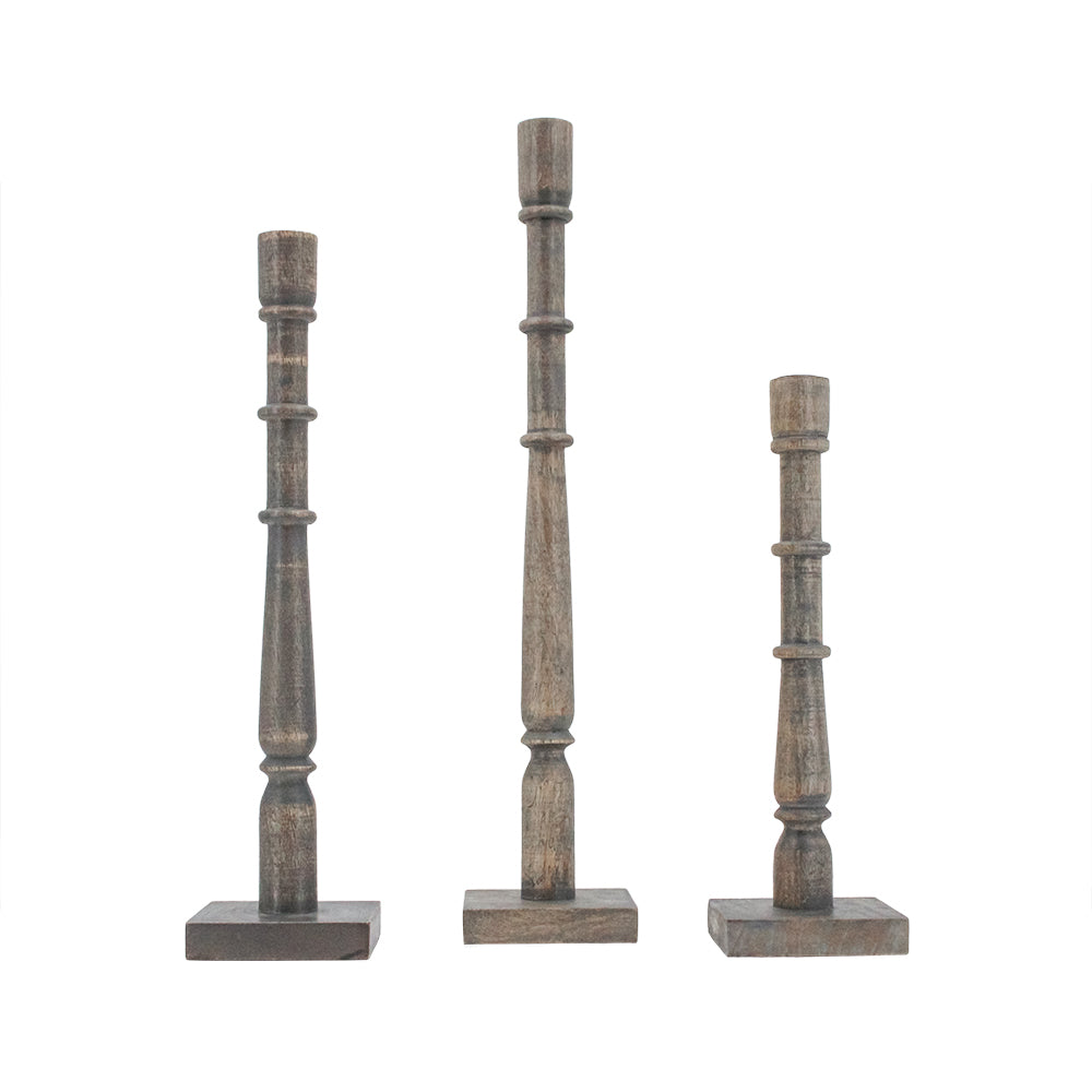Set of Three Artisan Handcrafted Dark Grey Mango Wood Taper Candle Candleholders in Small, Medium, and Large from Luxury Home Decor Brand, CG Hunter