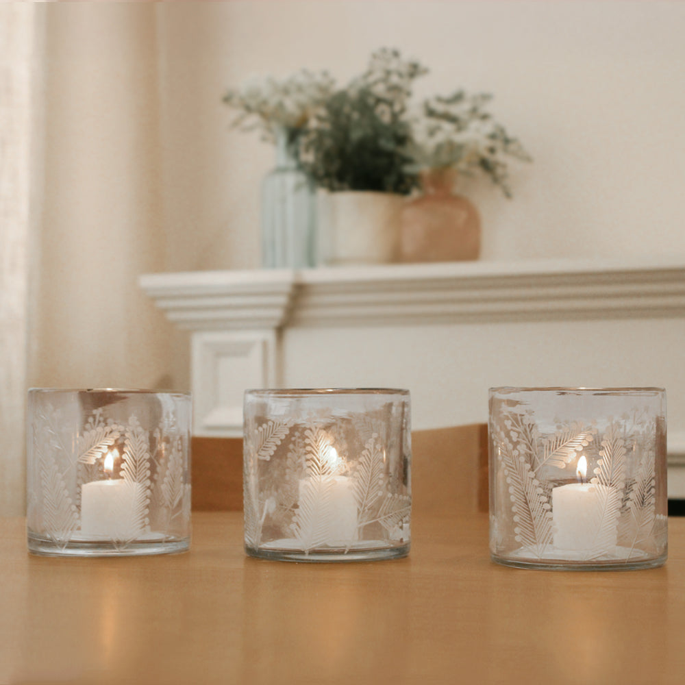 Handcrafted Etched Candleholder Set of 3 with Floral Botanical Motif from Luxury Home Decor Brand CG Hunter