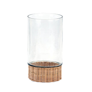 Minimalist view of the CG Hunter Handcrafted Clear Glass and Rattan Candleholder showcasing its intricate rattan base, perfect for sophisticated candle lighting.