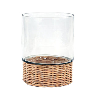Close-up of the CG Hunter Handcrafted Clear Glass and Rattan Candleholder, highlighting the exquisite craftsmanship and elegant blend of glass and rattan.