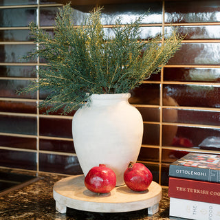Elegant display of a 20" Faux Evergreen Cedar Branch by CG Hunter in a stylish vase, complemented by fresh pomegranates, enhancing sophisticated home decor.