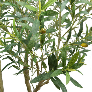 Lush view of the 8-ft Designer Faux Olive Tree by CG Hunter, highlighting the intricate foliage and realistic olive fruits for a Mediterranean touch.