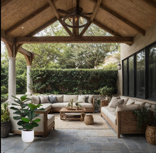 Chic 3' Faux Potted Fiddle Leaf Fig Tree by CG Hunter, artfully placed in a cozy outdoor living space, adding a touch of elegance and greenery to the patio.