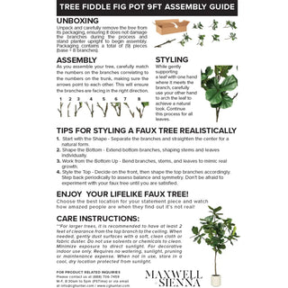 Assembly guide for a 9ft faux fiddle fig tree with step-by-step instructions.