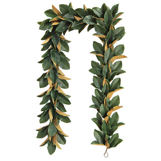 Luxurious 9' Faux Green Magnolia Leaf Garland by CG Hunter, arranged in a stunning arch shape, highlighting its lifelike leaves against a neutral backdrop.
