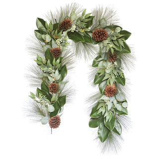 Exquisite 6' Magnolia, Eucalyptus, Pinecone, & Needle Pine Garland by CG Hunter featuring detailed foliage and rustic pinecones, perfect for creating a luxurious seasonal decor.