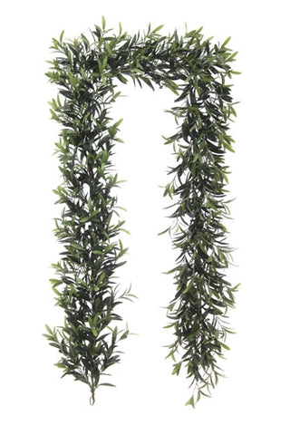Two artificial olive leaf garlands on a white background