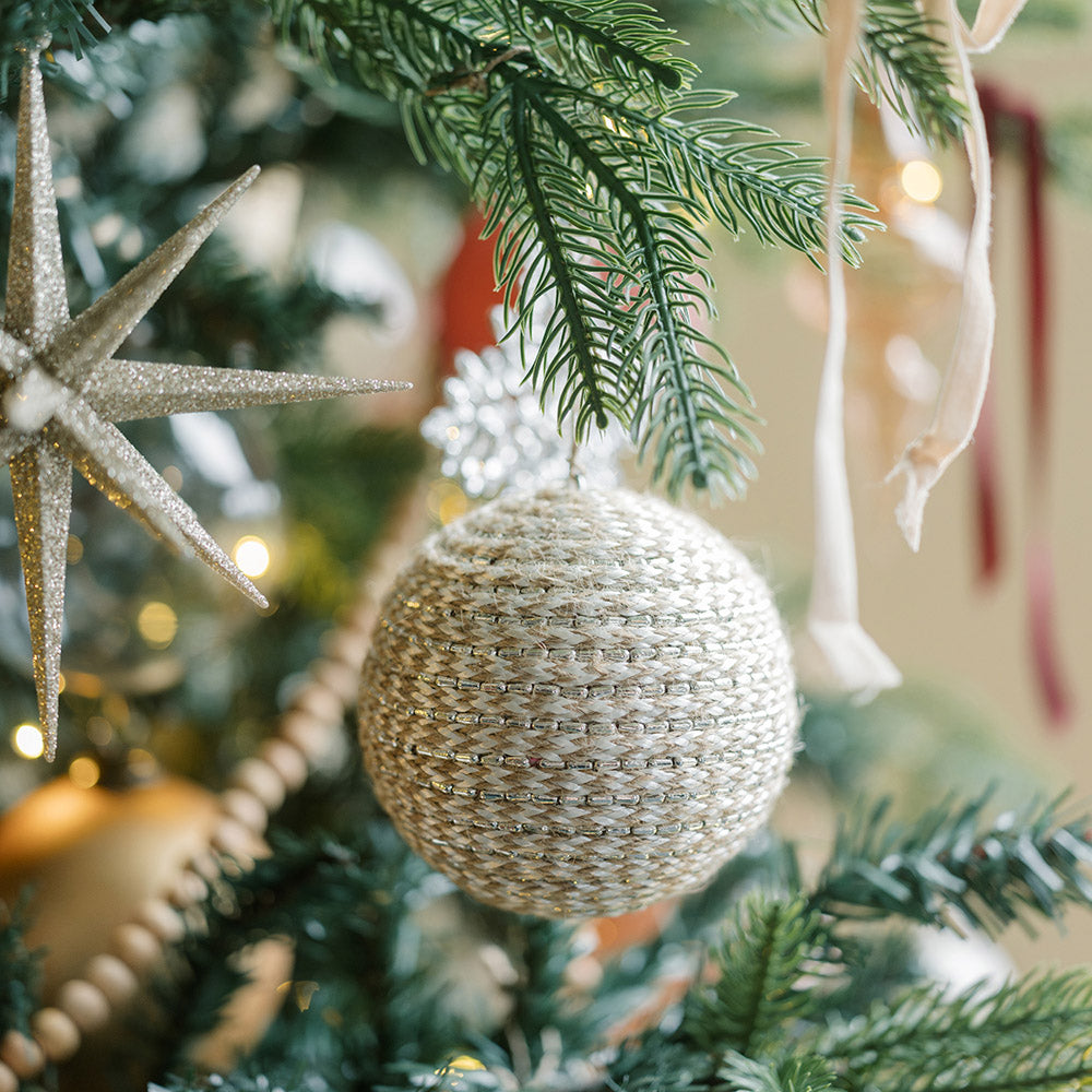 Shimmery, Round Jute Christmas Ornaments