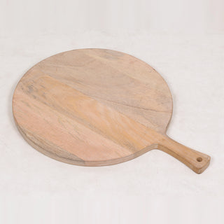 Sleek round wooden serving board from the Charlotte Collection by CG Hunter, featuring a natural finish, perfect for stylishly presenting appetizers and enhancing your hosting elegance.