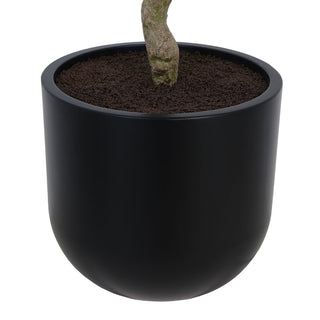Stylish black planter of the CG Hunter 7' Faux Potted Laurel Tree featuring rich soil, designed to complement high-end home aesthetics.