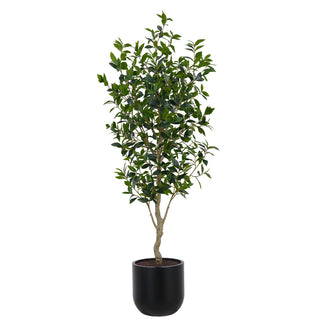 CG Hunter 7' Faux Potted Laurel Tree showcasing a lush, full design with vibrant leaves in a sleek black planter, perfect for enhancing luxury home decor.