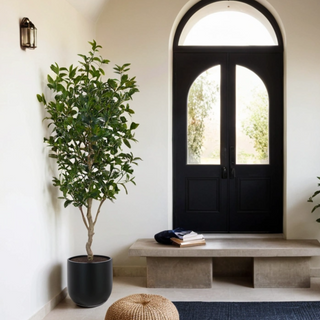 Elegant entryway featuring the CG Hunter 7' Faux Potted Laurel Tree, showcasing vibrant, lifelike leaves in a modern black planter, enhancing luxury home decor.