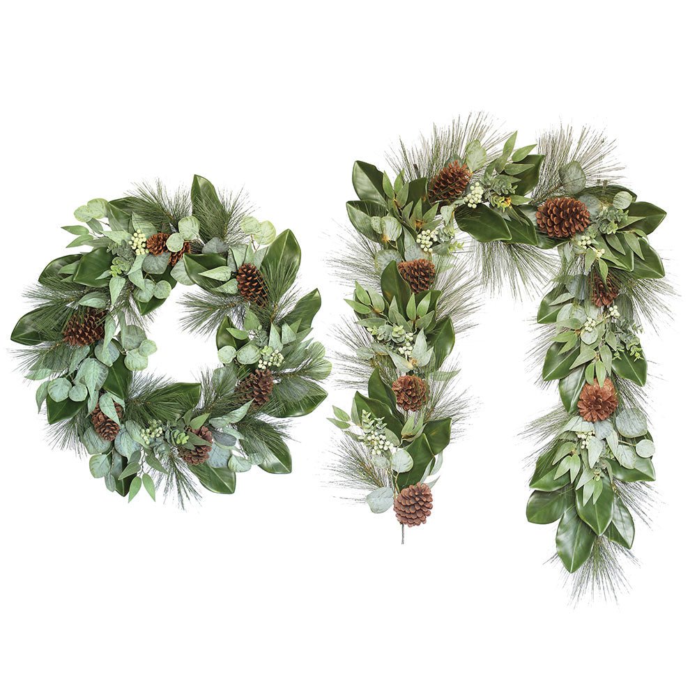Magnolia, Eucalyptus, Pinecone, & Needle Pine Wreath and Garland