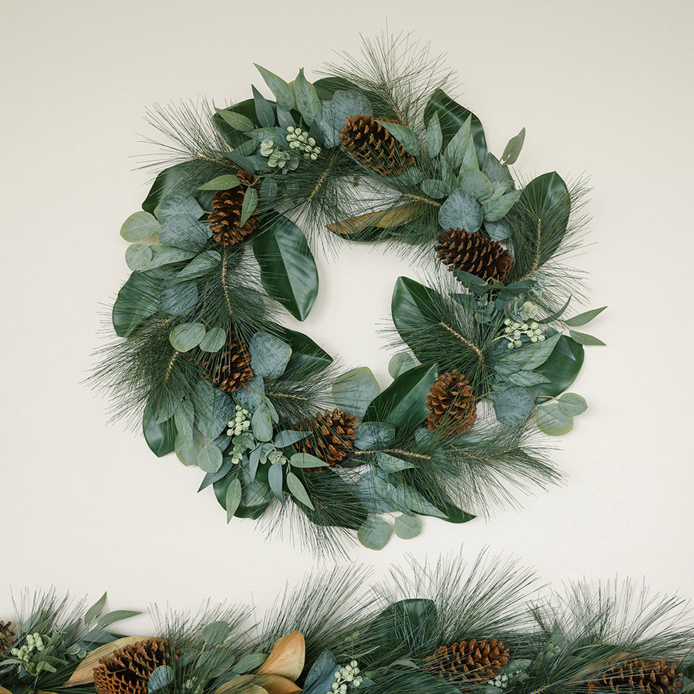 28" Magnolia, Eucalyptus, Pinecone, & Needle Pine Wreath