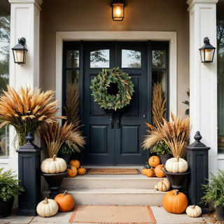 Luxurious 30" Faux Green Magnolia Leaf Wreath by CG Hunter displayed on a stylish entrance surrounded by pumpkins and elegant seasonal decor.