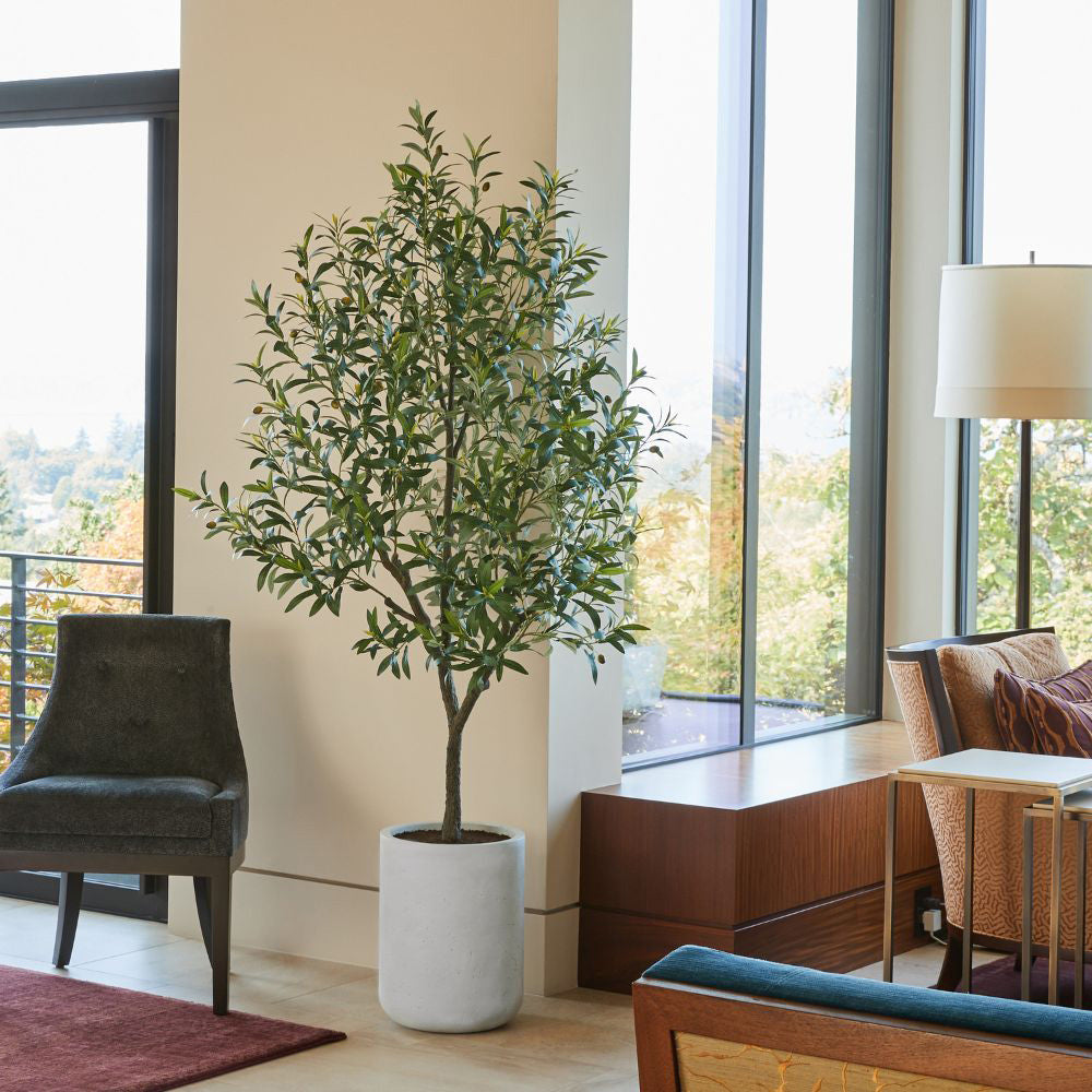 olive plant indoor Artificial 7' Olive Tree with Artisan Mediterranean Planter