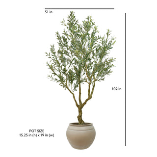 CG Hunter Artificial Olive Tree 8.5' depicted with measurements, showcasing its graceful height and elegant Artisan Mediterranean Pot dimensions for sophisticated home decor.