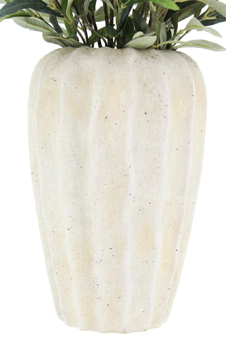 Chic close-up of the artisan cream vase from the 30" Faux Olive Arrangement by CG Hunter, highlighting the elegant design and flawless details of the vase.