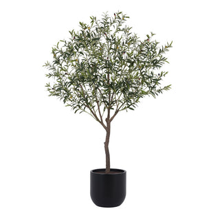 CG Hunter 6.5' Faux Potted Olive Tree showcasing realistic leaves and branches, housed in a sleek black pot, perfect for enhancing luxury home decor.