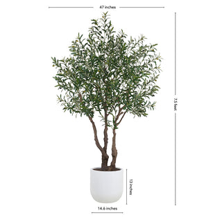 7.5' Faux Potted Olive Tree by CG Hunter, showcasing realistic branches and lush leaves, designed to elevate luxury home decor with a chic pot size of 14.6 inches.