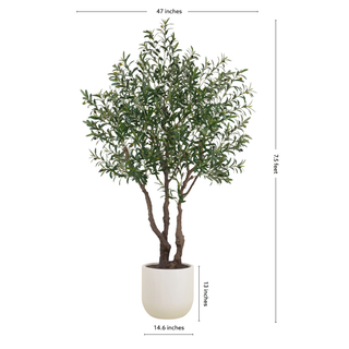 7.5' Faux Potted Olive Tree by CG Hunter, showcasing realistic branches and lush leaves, designed to elevate luxury home decor with a chic pot size of 14.6 inches.