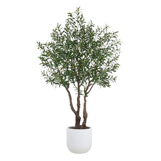 Elegant 7.5' Faux Potted Olive Tree by CG Hunter, showcasing realistic branches and lush leaves in a chic white pot, perfect for enhancing modern, farmhouse, and Mediterranean-style interiors.