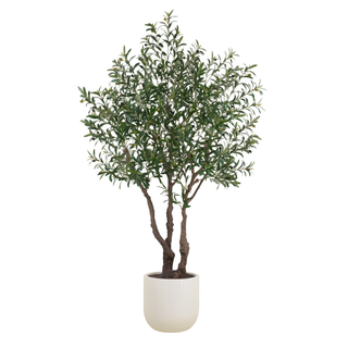 A 7.5' artificial olive tree with green leaves and brown branches, potted in a white ceramic pot against a solid white background.