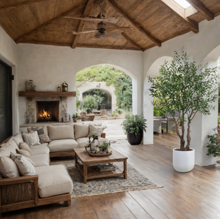 Luxurious living space showcasing the 7.5' Faux Potted Olive Tree by CG Hunter, featuring elegant furnishings and a warm, inviting atmosphere.