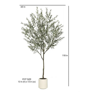 Artificial olive tree with dimensions on a white background