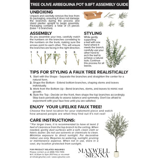 Assembly guide for a faux olive tree with step-by-step instructions and tips on styling.