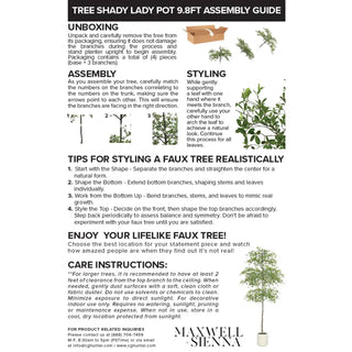 Assembly guide for a faux tree with step-by-step instructions and product details.
