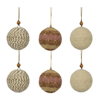 A luxurious collection of Natural Jute Wrapped Christmas Ornaments by CG Hunter, featuring six handcrafted 3-inch jute ornaments in various natural and darker shades, perfect for elegant holiday decor.