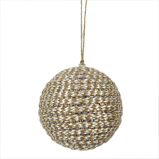 Elegant round jute ornament by CG Hunter, intricately woven with shimmering details, adding a contemporary touch to traditional holiday decorations.