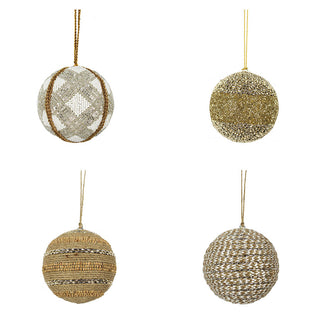 A luxurious display of shimmery round jute Christmas ornaments by CG Hunter, showcasing intricate designs with glimmering finishes. Perfect for enhancing holiday decor with rustic elegance.