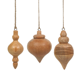 Elegant 5" Wooden Finial Christmas Ornaments by CG Hunter, showcasing a set of three handcrafted mango wood designs, perfect for festive holiday decor.