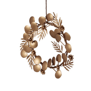 A stunning 7.5" Iron Wreath Ornament in brass by CG Hunter, suspended against a white background, showcasing its artisanal craftsmanship and timeless elegance for holiday decor.