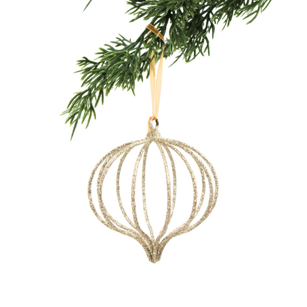 4" Champagne Assorted Ornament by CG Hunter, luxurious wire onion sphere ornament hanging delicately from a Christmas tree branch.