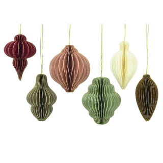Elegant CG Hunter 3" Paper Honeycomb Assorted Ornament set featuring six intricately designed ornaments in burgundy, forest green, ivory, blush, and deep brown, perfect for luxurious holiday décor.