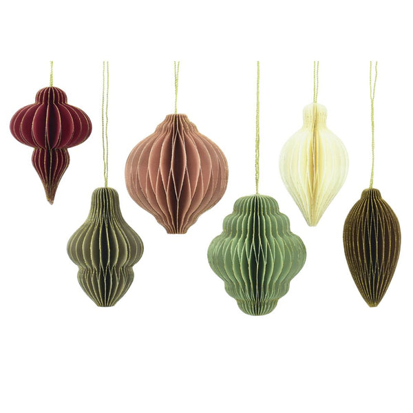 Elegant CG Hunter 3" Paper Honeycomb Assorted Ornament set featuring six intricately designed ornaments in burgundy, forest green, ivory, blush, and deep brown, perfect for luxurious holiday décor.
