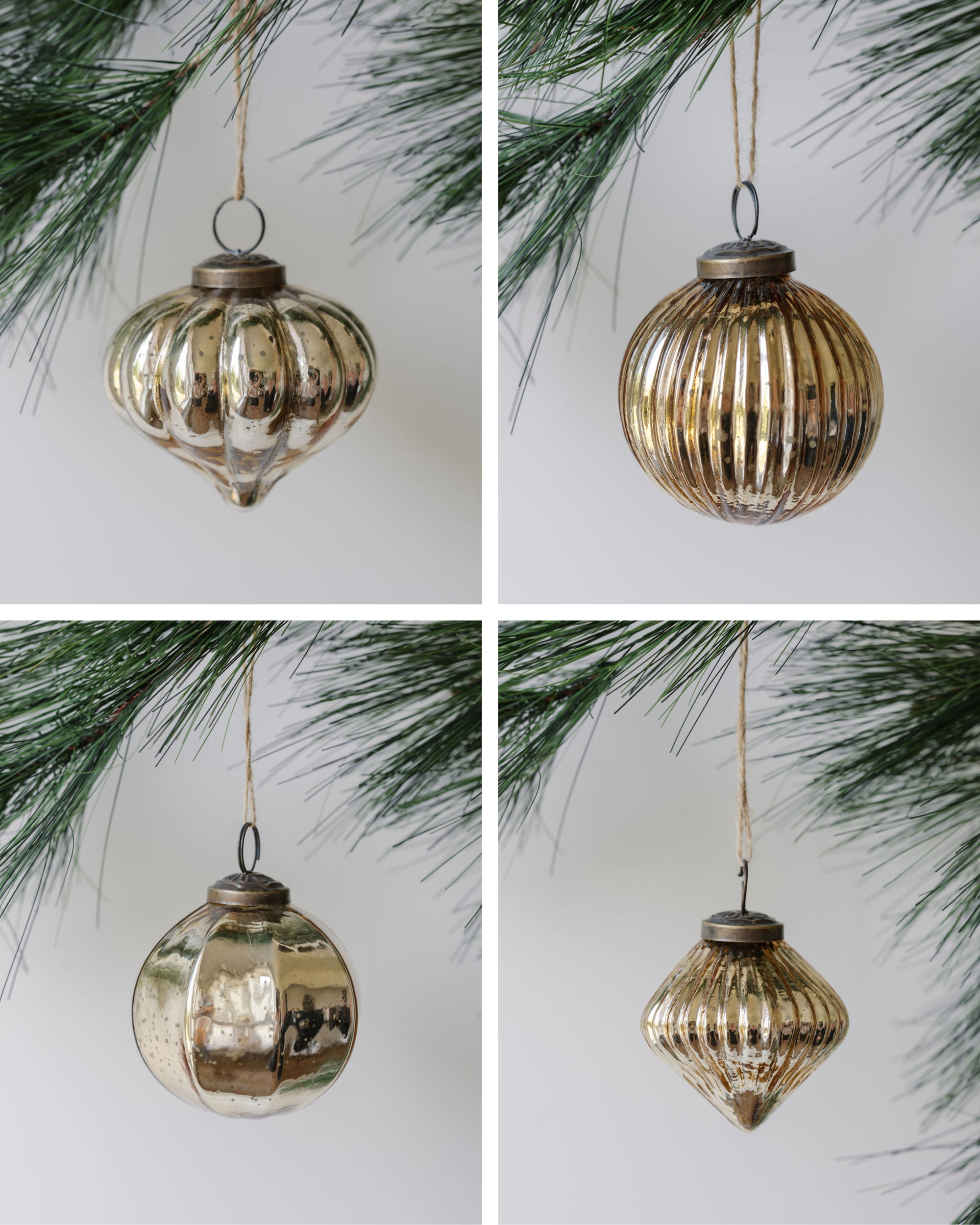 Set of assorted mercury glass ornaments gold