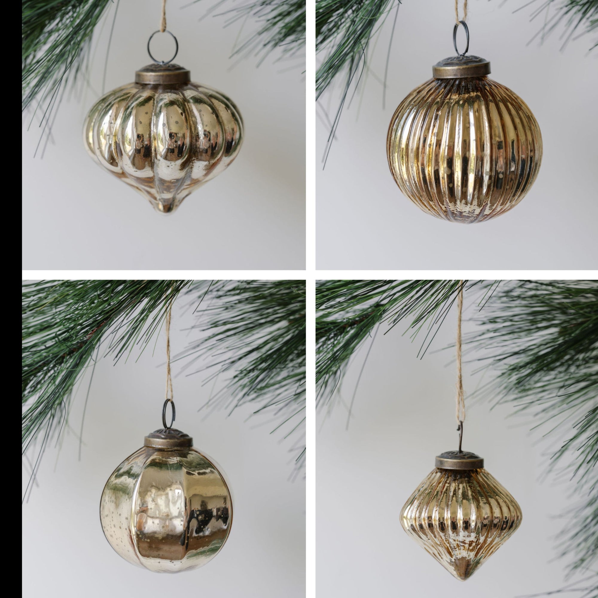 Set of assorted mercury glass ornaments gold