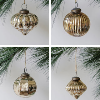 Set of assorted mercury glass ornaments gold