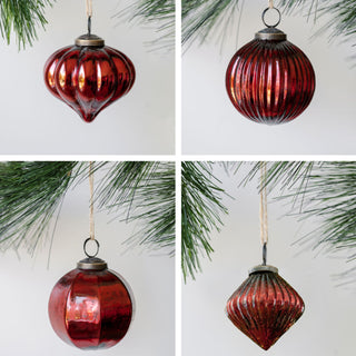 Set of 4 Handcrafted Mouthblown Glass Ornaments by CG Hunter in assorted bordeaux styles, showcasing beautiful shapes and elegant bronze toppers, perfect for enhancing your holiday decor.