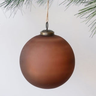 Elegant 5" Frosted Cinnamon Glass Ornament by CG Hunter, showcasing a sophisticated frosted finish and antique bronze topper, perfect for luxurious holiday decorations.