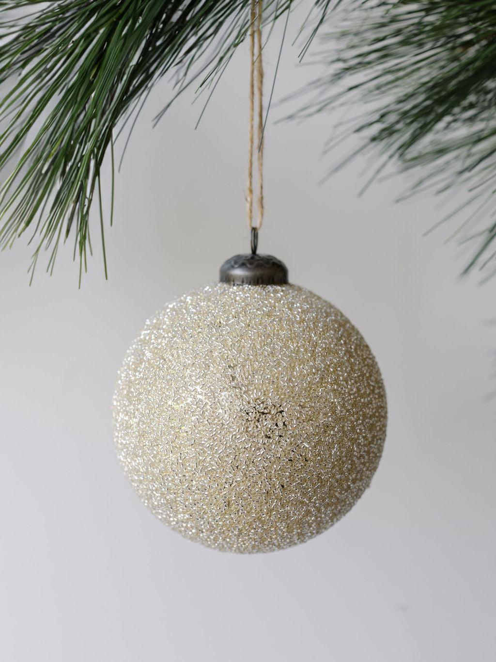 4" Beaded Cream Glass Ornament - Set of 4 closeup